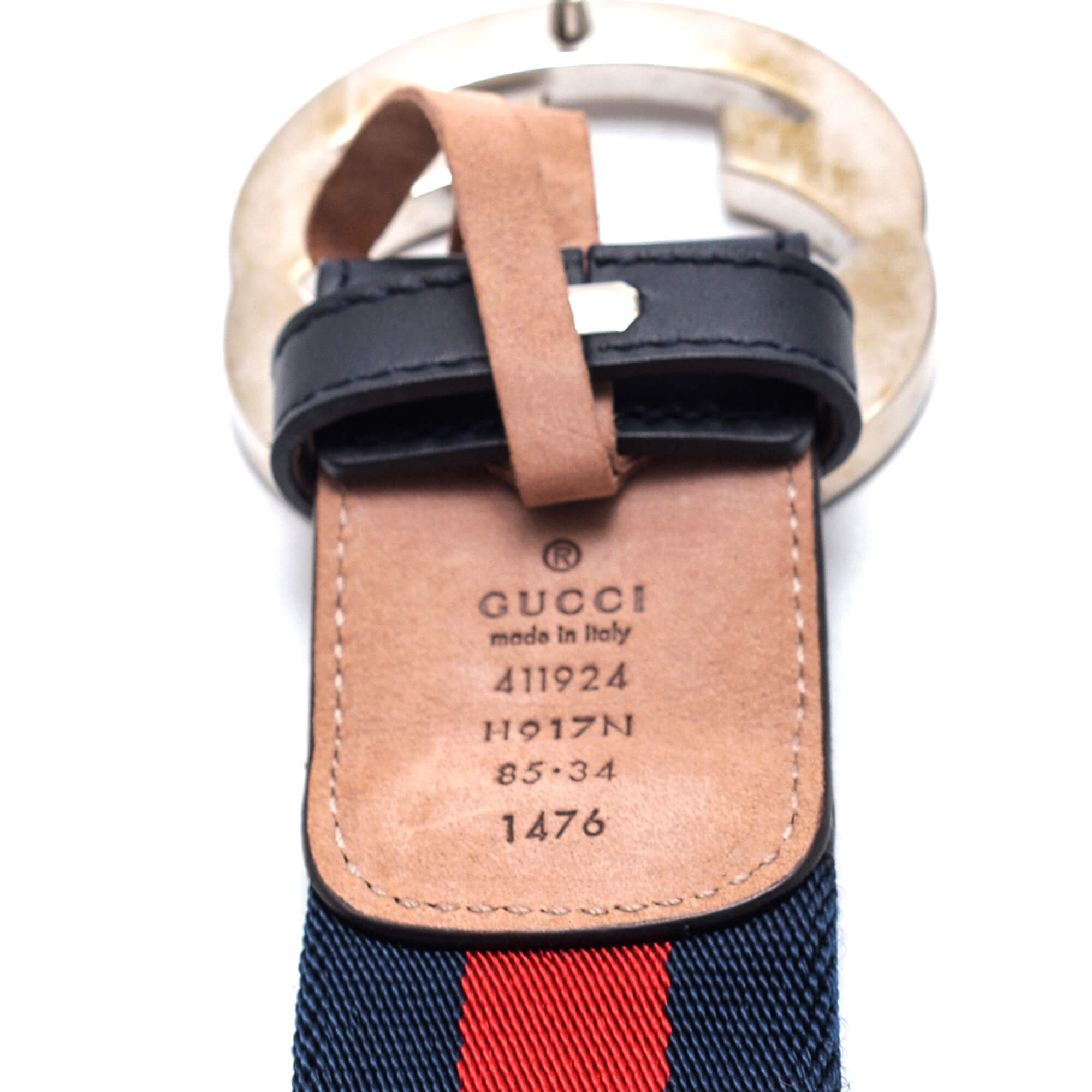 Gucci - Navy Leather GG Buckle and Web Stripe Belt